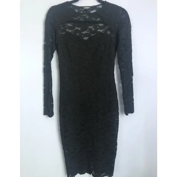 ⭕️ PRICE FIRM Express Size XS Black Lace Floral Midi Dress - Picture 8 of 12